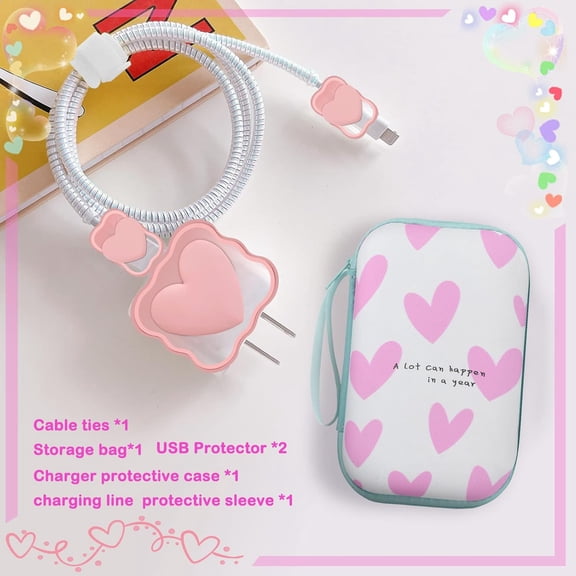 TG4THT-Phone Charger Storage Case Set with Pink Hearts Carrying Case Bag with Cute 3D Love Cable Protector Set, Travel Cable Organizer,Soft Phone Earphone Charger Cover Compatible for iPhone