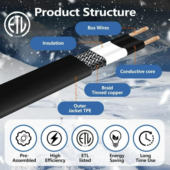 TG4THT-Pipe Heating Cable 6FT (3FT-200FT) for Metal & Plastic Water Pipes - Freeze Protection up to -40F, 5W/FT 120V Heat Tape to Keep Water Flowing