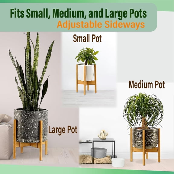 TG4THT-Plant Stand for Indoor - Adjustable Sideways to fit 8 10 or 12 Inch-wide Medium-Large Planter Pots - Ideal for Live and Fake, Corner and Floor Plants - 14-inch Tall - Bamboo Wood
