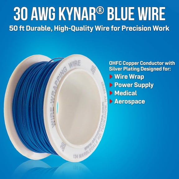 TG4THT-R-30B-0050 Blue Insulated Kynar Copper Wire Roll, 30 AWG, 50 ft Length