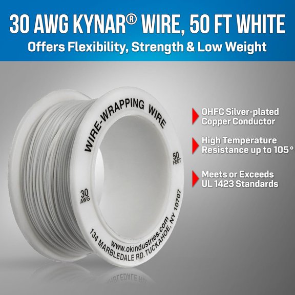 TG4THT-R-30W-0050 White Insulated Kynar Copper Wire Roll, 30 AWG, 50 ft Length