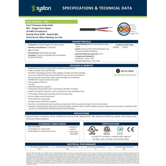 TG4THT-SYSTON 16/2 Speaker Audio Cable Wire, Indoor/Outdoor Direct Burial in Wall/in Ground, 16 Gauge 2 Conductors OFC Stranded Bare Copper Sunlight Water Resistant RoHS Compliant Bulk Cable, Black 2