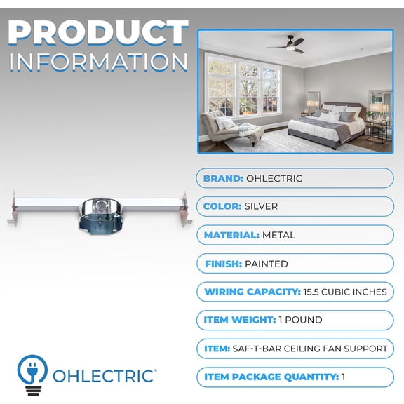 TG4THT-Saf-T-Bar for Ceiling Fan and Light Fixture - Ceiling Fan Mounting Bracket for Engineered Truss with 1-1/2 Inch Deep Box - for New Construction Or Remodelling in Accessible Attic