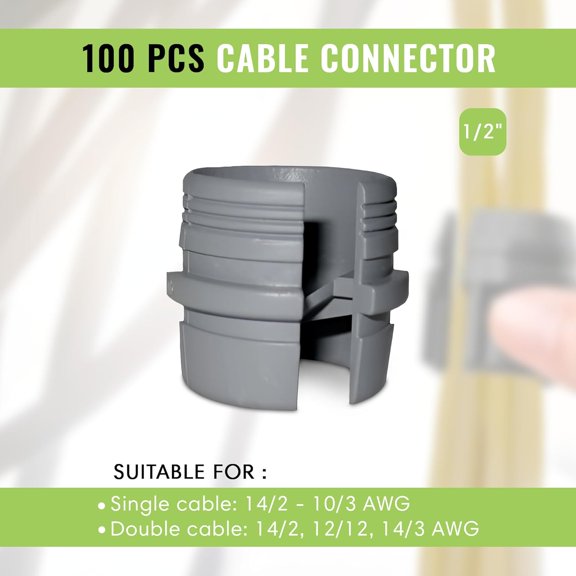 TG4THT-Select 100 Pack Connectors, 1/2 Inch Non-Metallic Cable Connectors, Snap Style Installation, Home Improvement Electrical Supplies, Single Cable 14/2-10/3 AWG, Two Cables 14/2-12/2-14/3 AWG