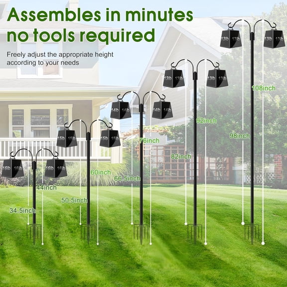 TG4THT-Shepherds Hooks for Outdoor, 2-Pack 108 Inch Heavy Duty Bird Feeder Pole, Garden Pole for Hanging Plants, Lantern, Hummingbird Feeder, Hanging Plant Stand with 5 Base Prongs