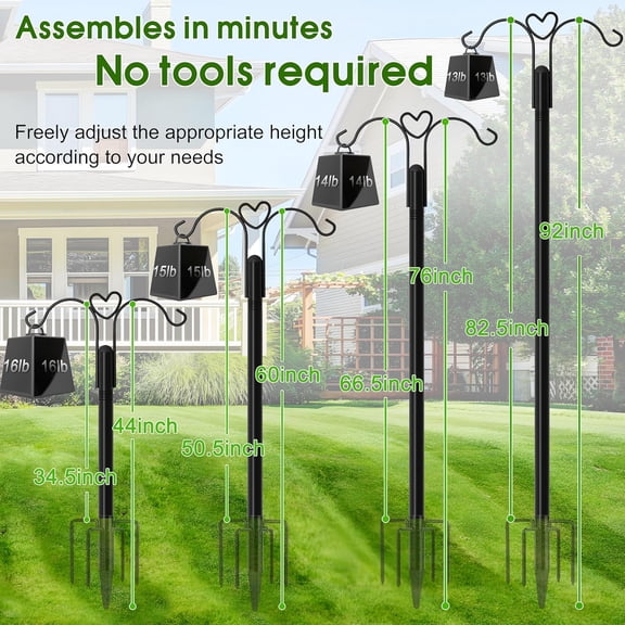 TG4THT-Shepherds Hooks for Outdoor, 2-Pack 92 Inch Heavy Duty Bird Feeder Pole, Garden Pole for Hanging Plants, Lantern, Hummingbird Feeder, Hanging Plant Stand with 5 Base Prongs