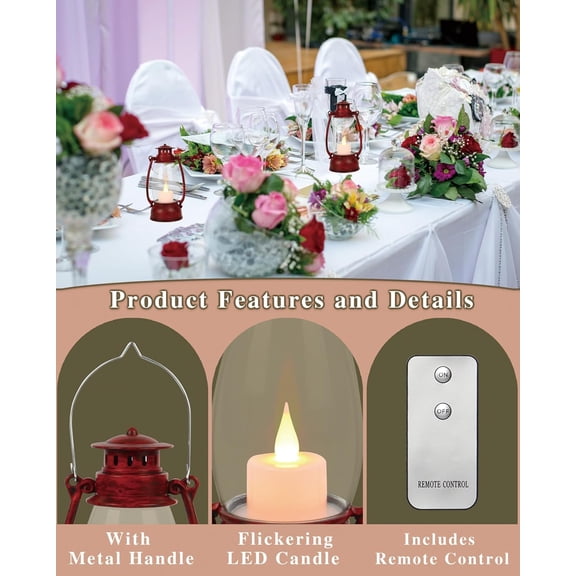 TG4THT-Small Red Lanterns Decorative with Remote, 7-inch Vintage Western Lanterns with Flickering LED Candle, Camping Decorations, Western Party Decorations, Christmas Centerpieces for Tables, 4-Pack