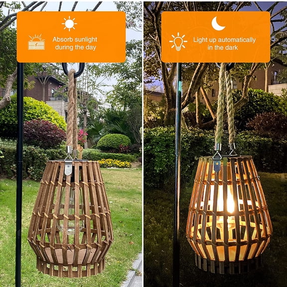 TG4THT-Solar Lantern Hanging Light, Large Solar Lanterns Outdoor Waterproof Hanging with Handle Boho Light for Patio Natural Rattan Solar Table Lamp Retro Decor for Yard Garden Porch Lawn Pathway