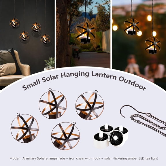 TG4THT-Solar Lanterns Outdoor Waterproof, 4 Pack Hanging Tea Lights with Candle Holder, Small Solar Chandelier for Trees, Patio, Backyard, Garden, Porch, Balcony Decorative (Armillary)