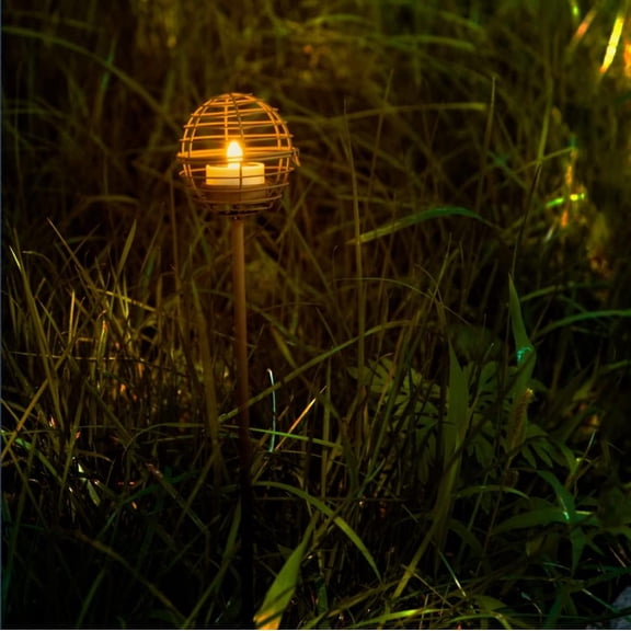 TG4THT-Solar Pathway Lights Outdoor, Rust Iron Ball Candle Holder Stake with Flickering Solar Powered Tea Lights, Perfect Decorative Garden Lighting for Yard Lawn Patio Landscape Decor Outside-4Pack
