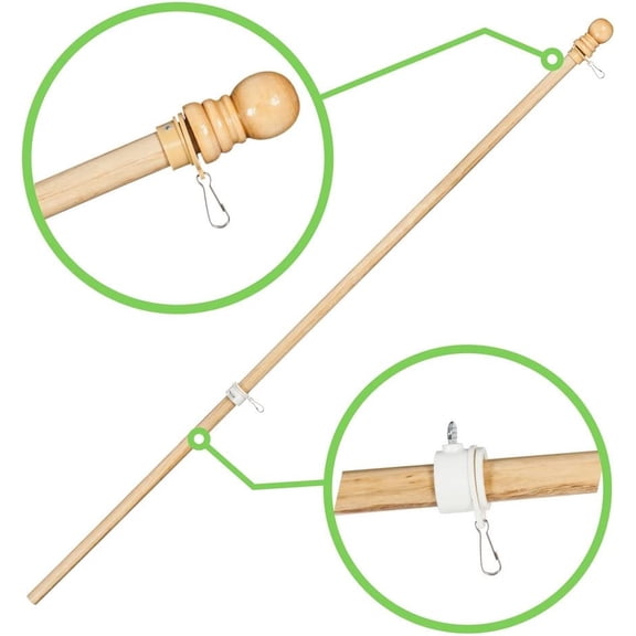 TG4THT-Solid Wood 56 Flag Pole with 2 Adjustable Ring Clips and Spinning Anti-Wrap Tube | Weatherproof Outdoor Outside Wall Mounted | Pole Only