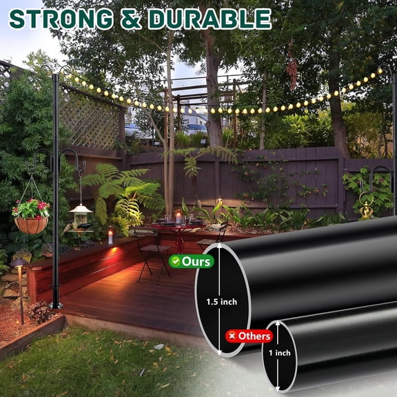 TG4THT-String Light Poles 2 Pack, 10FT Patio Light Poles for String Lights Metal Post Pole with Hooks to Hang Outdoor String Lights, Plant Baskets, Bird Feeder