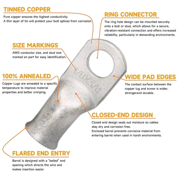 TG4THT-Tinned Copper Lugs Kit 1/0 Gauge 2 Gauge 6 Gauge Battery Cable Lugs 5/16" and 3/8" Stud Ring Terminals Heavy Duty 0 2 6 AWG Wire Lugs 28PCS Battery Cable Ends Wire Connectors + 28PCS Heat Shri