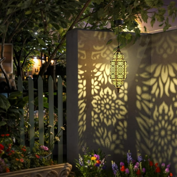 TG4THT-Twinkya Hanging Solar Lights Outdoor Garden Decorative Solar Lantern Waterproof Metal Moroccan Outdoor Decorations for Patio Pathway Yard Porch Backyard Garden Decor (Gold, 1 Pack)