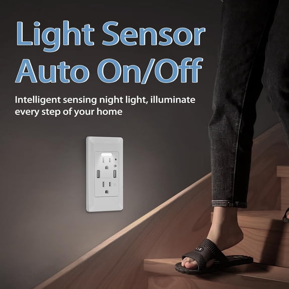 TG4THT-USB Outlet with Nightlight,GreenCycle 15 Amp Electrical Outlet Guide Light,4.2A High Speed Duplex Receptacle Electrical AC Wall Sockets, Auto Nightlight Sensor and Wall Plates (White,2 Pack)