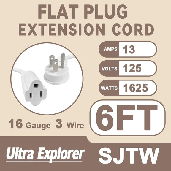 TG4THT-Ultra Explore 6 FT Flat Plug Extension Cord, 16 AWG Indoor Appliance Cord, Flat Wall Plug Low Profile Extension Wire, White, 2 Pack, 13A 125VAC 1625W, UL Certified