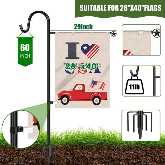 TG4THT-Upgraded Garden Flag Holder Stand with Shepherd Hook for 28'' x 40'' Flags 60 in Heavy Duty Yard Flag Post Stake with 1 Clip for Outside (Without Solar Lights & Flag)