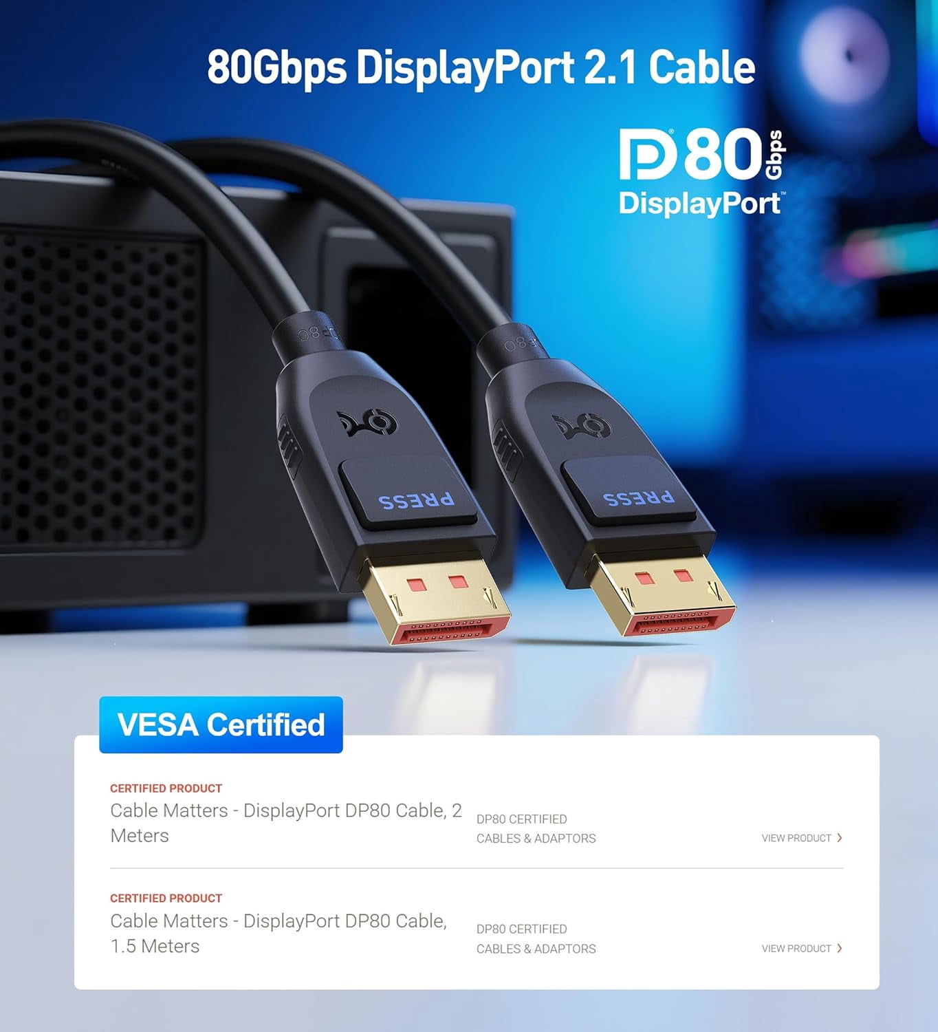 TG4THT-[VESA Certified] 80Gbps DisplayPort 2.1 Cable - 3.3ft / 1m, DP80 ...