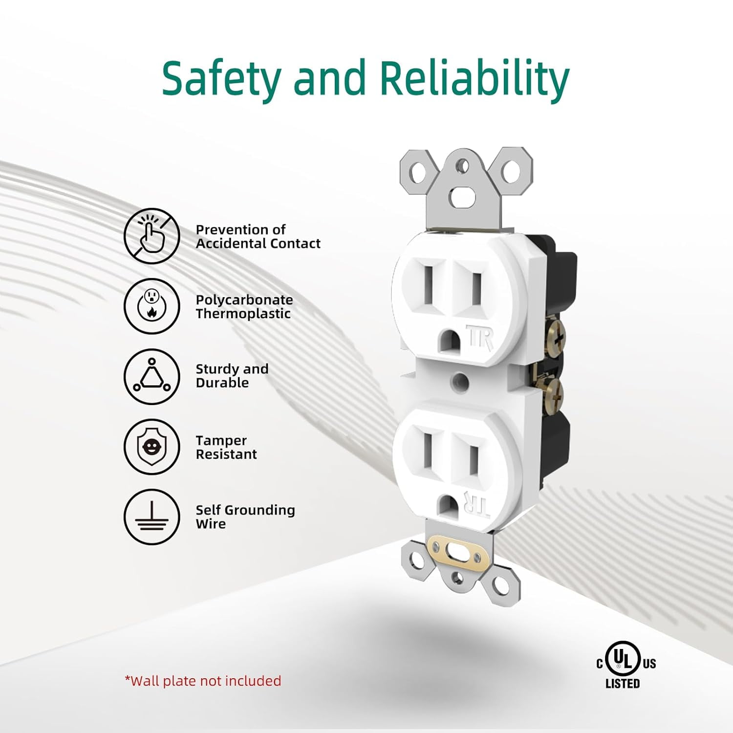 Tamper Resistant Decora Outlet 15A, 10-Pack With Wall Plates - Child Proof, Self-Grounding, White