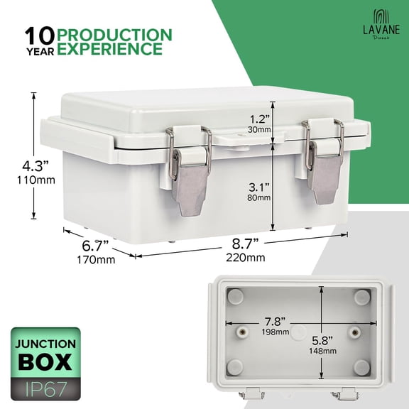 TG4THT-Waterproof Outdoor Junction Box, LA VANE IP67 ABS Plastic Dustproof Electrical Enclosure with Hinged Cover with 4X NPT Cable Glands, Mounting Plate, Wall Brackets - 8.5x7x4.4 inch