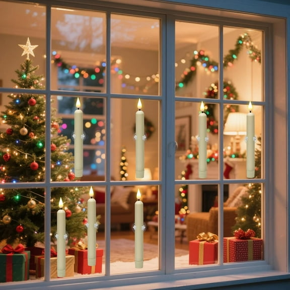 TG4THT-Window Candles with Sensor Dusk to Dawn, Christmas Window Lights Battery Operated candlesticks with 3D Flame, LED Taper Candles with Black Holder and Suction Cup for Home Decorations(Ivory)