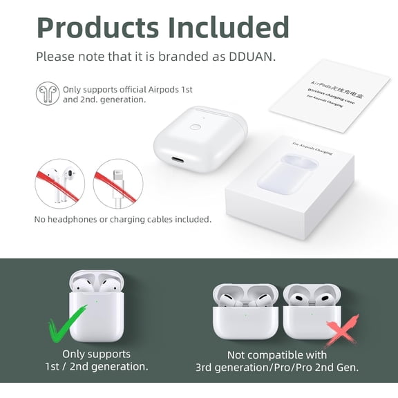 TG4THT-Wireless Charging Case Replacement Compatible for AirPods 1st & 2nd Gen, Air Pods Charger Case with Bluetooth Pairing Sync Button, White (No Earbuds)