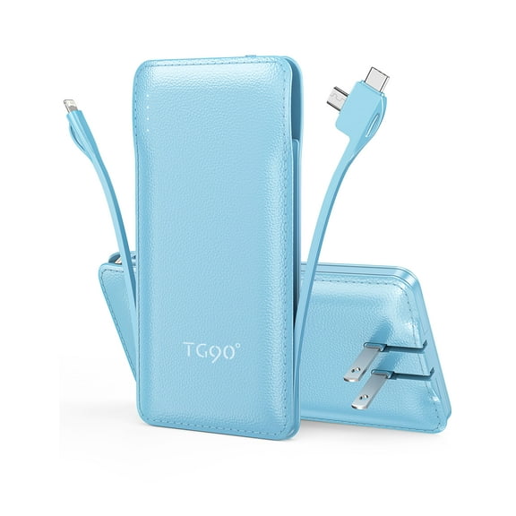 TG90 10000mAh Power Bank with Built-in AC Wall Plug and Cables, Ultra Slim Phone External Battery Pack Portable Charger Compatible with iPhone and Android Devices