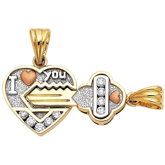 TGDJ 14K Real Gold Tri Color Heart & Key Pendant Set