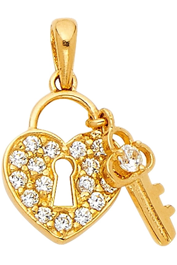 TGDJ Real Yellow Gold 14K Cubic Zirconia Heart Lock & Key Pendant (18x13 mm)