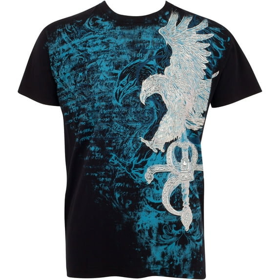 TGEagleSword435 Eagle and Sword Metallic Silver Embossed Short Sleeve Crew Neck Cotton Mens Fashion T-Shirt - Black/Large
