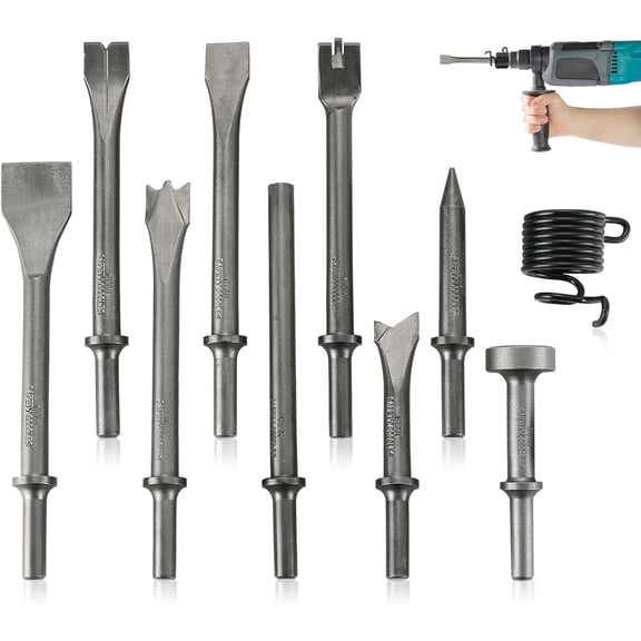 TGHTBA-10pcs Pneumatic Air Hammer Chisels Set, Heavy Duty High Carbon Steel Pneumatic Air Hammer Chisels with 0.401" Shank, Pneumatic Chisel Tool Rivet Removal & Automotive Repairs, Includes Spring