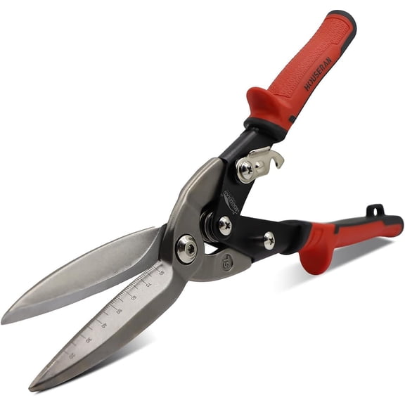 TGHTBA-12 Inch Aviation Snips, Long Straight Cut Tin Snips, Heavy Duty CR-MO Metal Cutters with Double Lever, Scale Markings & Safety Lock, Shears Scissors for Cutting Metal Sheet