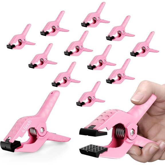 TGHTBA-12 Pack Heavy Duty Spring Clamps 4.5 Inch Professional Plastic Backdrop Clips for Photography Studio, Background Stand, Woodworking, Crafts, Tarp-Pink