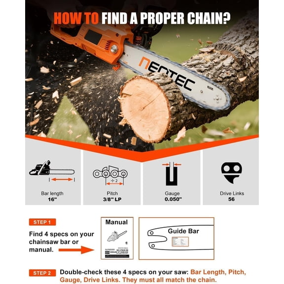 TGHTBA-16 Inch Chainsaw Chain, 3/8" LP Pitch, 0.050" Gauge, 56 Drive Links, Fits for Ryobi, Greenworks, Craftsman, Poulan, Homelite, Makita, Echo Chainsaw and more (3 Chains)