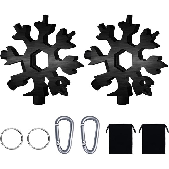 TGHTBA-18-in-1 Snowflake Multitool, 2 Pcs Stainless Steel Standard Multi-Tool With Key Ring, Carabiner Clip and Storage Bag (Black)