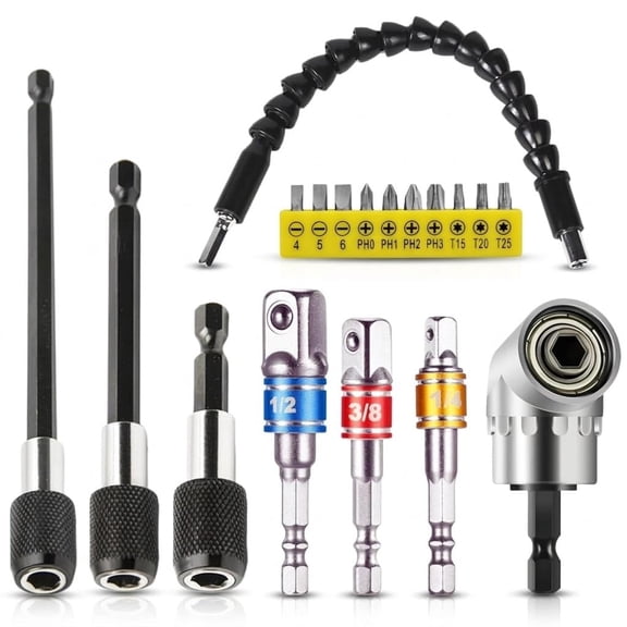 TGHTBA-18PCS Drill Bit Extension Set, Flexible Shaft & Hex Shank 105 Right Angle Drill Attachment, 1/4" Hex Bit Holder Extensions, 1/4 3/8 1/2" Socket Adapters, Screwdriver Bit Kit for Tight Spaces