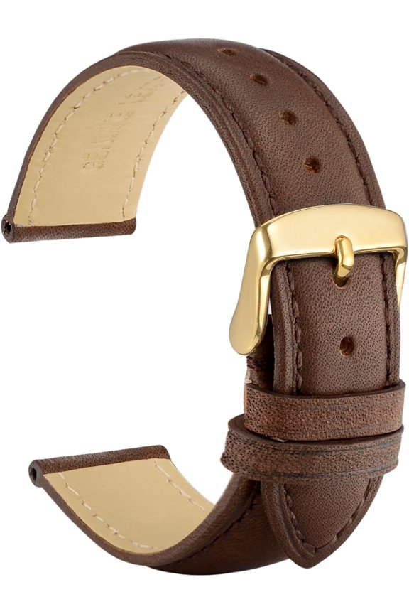 -18mm Vintage Leather Watch Band for Men and Women, Gold Buckle (Dark Brown)