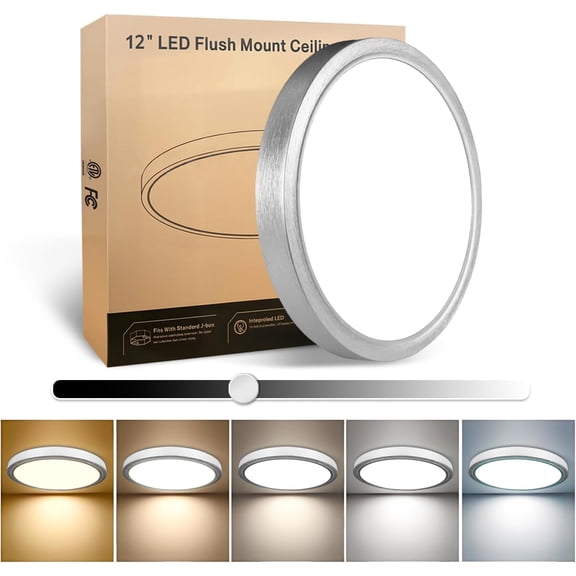 TGHTBA-1Pack 12 Inch Brushed Silver LED Flush Mount Ceiling Light, 25W, 3000LM, CRI 95+, 2700K-5000K 5-Color Selectable & Dimmable, Thin Flat Surface-Mounted Fixture for Bedroom, Hallway, Living Room