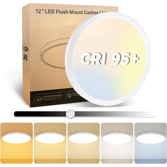 TGHTBA-1Pack 12 Inch LED Flush Mount Ceiling Light, 25W, 3000LM, CRI 95+, 2700K-5000K 5Color Selectable & Dimmable, White Thin Flat Surface Mount Lights for Bedroom, Hallway, Dining Room, Garage