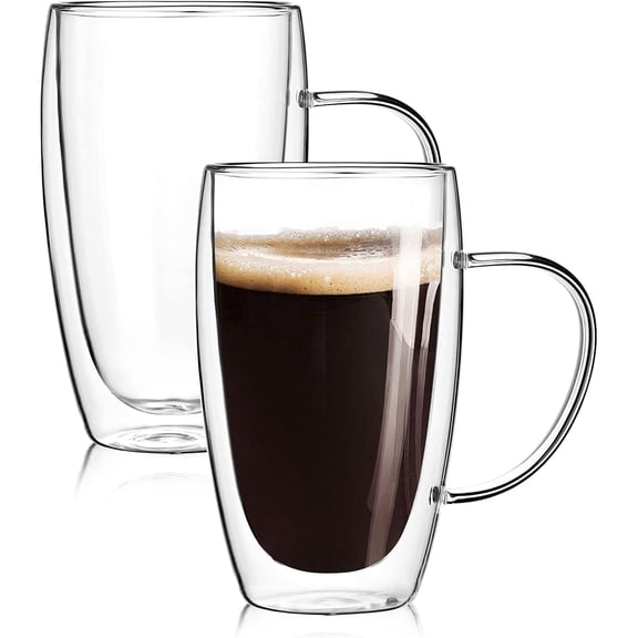 TGHTBA-2-Pack 15 Oz Double Walled Glass Coffee Mugs with Handle,Large Insulated Layer Coffee Cups,Clear Borosilicate Mugs,Perfect for Cappuccino,Tea,Latte,Espresso,Hot Beverage,Wine,Microwave Safe