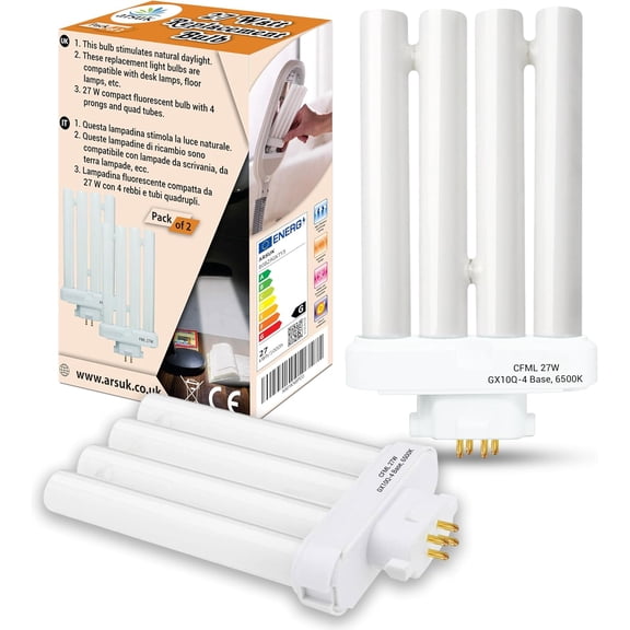 TGHTBA-2 Pack 27-Watt 6500K Daylight Compact Fluorescent Light Bulbs with Quad Tubes, 4-Pin GX10Q-4 Base FML27 CFL Lamp for Desk, Reading & Magnifying Lamps