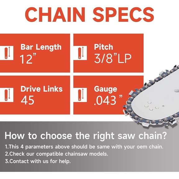TGHTBA-3-Pack 12 inch Chainsaw Chains 3/8" LP Pitch 043'' Gauge 45 Drive Links for Dewalt DCCS620 for Makita 5012B, for Ryobi RY40500 P548BTL R45 90px045G 90586162