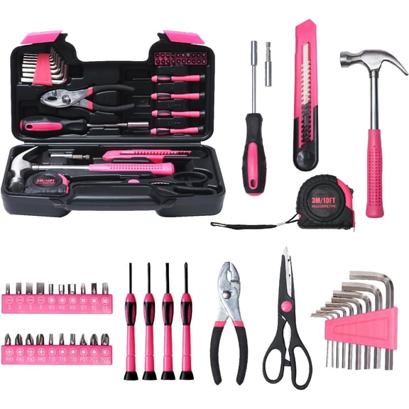 TGHTBA-39 Piece Basic Tool kit for Women, All Purpose Pink Tool ser Household Hand Tools with Toolbox for Home Repairs, College Dorm Essentials, DIY Crafts & Gifts