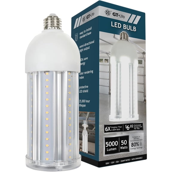 TGHTBA-5,000 Lumen LED Corn Cob Bulb, Uses Only 50W, Daylight 5000K, E26 Base, LED Light for Indoors Garage Workshop Warehouse