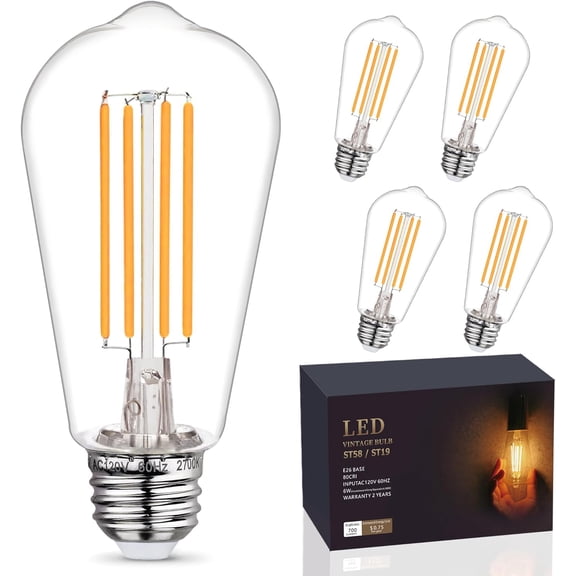 TGHTBA-5 - Pack LED Edison Light Bulbs 60W Equivalent, Dimmable ST58 Vintage Light Bulbs, E26 Medium Base, 6W, 800LM, 2700K, 80+ CRI, Antique Decorative Filament LED Bulb.
