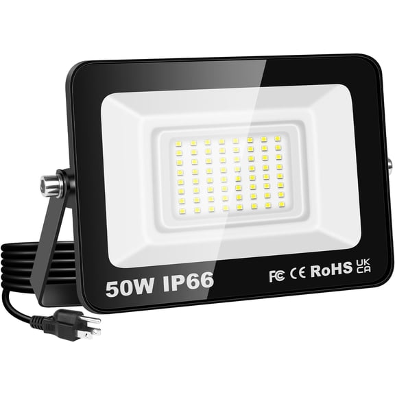 TGHTBA-50W LED Flood Lights Outdoor,5000lm Brightness Exterior Security FloodLight with Plug, 6000K Work Light with IP66 Waterproof Floodlights for Yard Garage Porch Backyard Playground