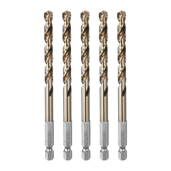 TGHTBA-5pcs 1/4" Hex Shank Drill Bit 1/4" Gold Oxide M35 High Speed Steel Twist Drill Bit 135 Degree Split Point Tip Drilling Tool with Quick Change Hex Shank for Metal Wood Plastic