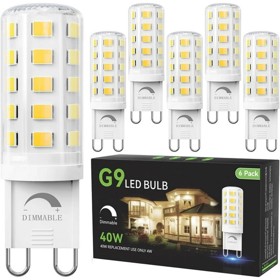 TGHTBA-6 Pack Dimmable G9 LED Bulb 4W Equivalent 40 Watt, Daylight White 6000K, T4 G9 Bi-pin Base Halogen Replacement, G 9 Socket Light Bulb for Chandelier Wall Sconce, 120V No Flicker, 450LM