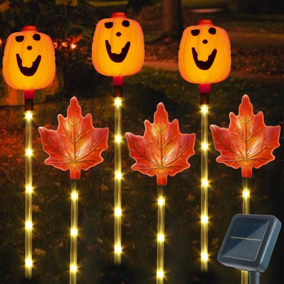 TGHTBA-6 Pack Fall Decor Solar Maple Leaf Pumpkin Lights for Thanksgiving Decorations Outdoor,Waterproof Solar Thanksgiving Fall Leaves Pumpkin Garden Stake Lights for Outside Pathway Harvest Decor