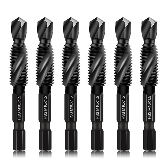 TGHTBA-6 Packs M10 Combination Drill & Taps Bit Set, Screw Tapping Threading Tools in Size M10*1.5 with Anti-Rust Black Coating, 1/4" Hex Shank and Storage Case